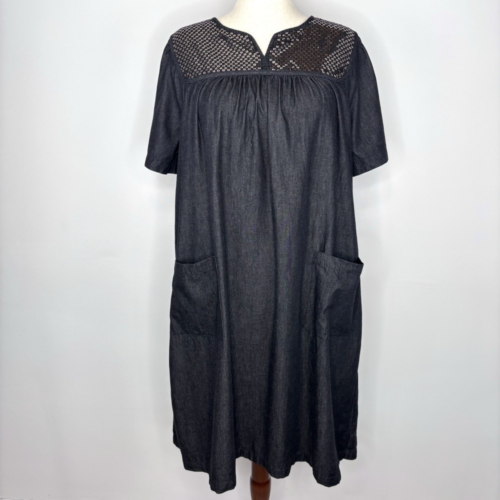 Go Softly Dress L Black Denim Cotton Midi House Relaxed Loose Pockets Sequins